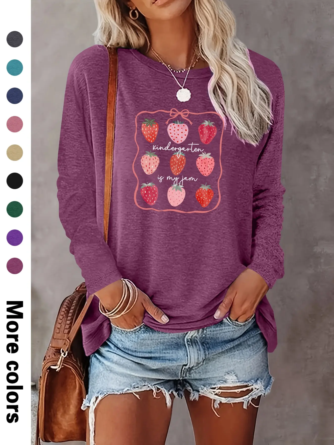 Stylish Casual Strawberry Print Long Sleeve T-Shirt, Comfortable Fabric, Available in 9 Colors, Perfect Fit for All Seasons