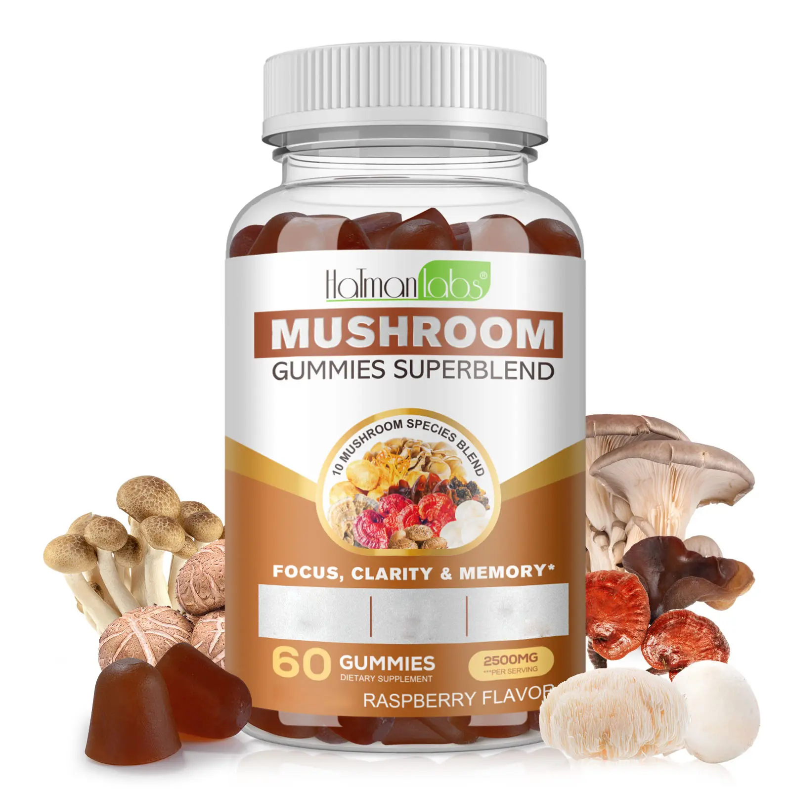Hatmanlabs Edible Chewable Functional Mushroom Dietary Gummy Vitamins - 60 Raspberry Flavor Pieces, 10-Mushroom Blend, Brain Health, Energy & Focus Boost, Daily Supplemental Nutrition Support, Prop 65 Safe Camping Essential
