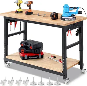 Work Bench for Garage Adjustable Workbenches with Storage 60 Inch Garage Workbench with Under Table Shelf, Pegboard, Power Outlets for Woodworking, Home, Office, Workshop