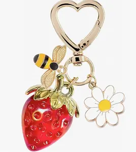 Cute Cherry Strawberry Bag Charms Keychain with Bee & Daisy Flower for Women Handbags Kawaii Accessory