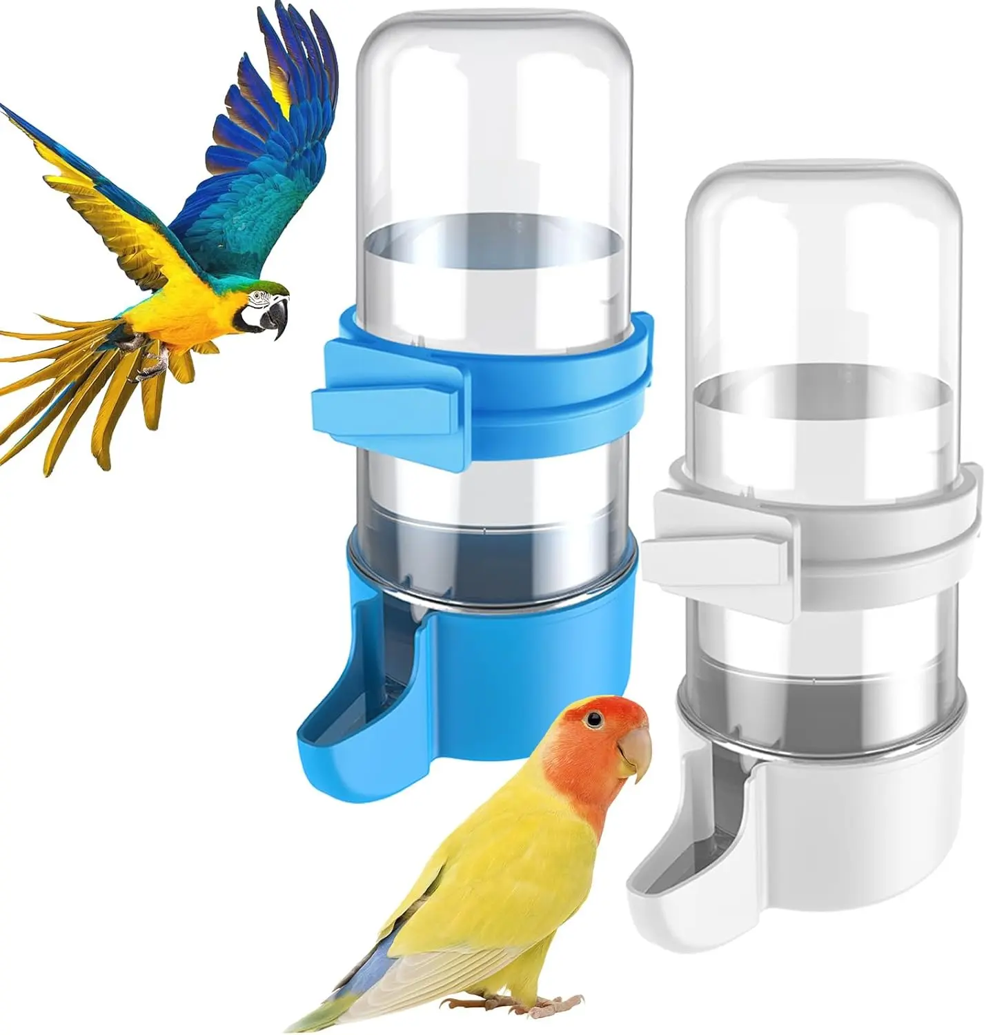 Auto Bird Feeder Dispenser Water Bottle - Small Bird Feeding Tools for Parrots, Cockatiels, Budgies (White/Blue)