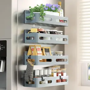 4 Pack Magnetic Spice Rack for Refrigerator, Spice Rack Organizer, Moveable Magnetic Shelf Fridge Organizer with 4 Hooks for Kitchen and Oven Organization, Grey