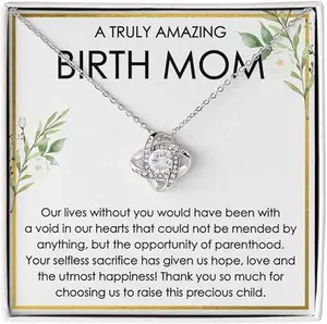Gold Plated Love Knot Necklace for Birth Mom, Meaningful Adoption Appreciation Gift with 6mm Cubic Zirconia and Adjustable Chain for Adult Women, Female, Adjustable Chain Length