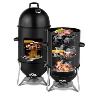 Vertical Steel Charcoal Smoker Heavy Duty 3 Layer Round BBQ Grill for Outdoor Cooking Black Portable Weather Resistant Barbecue Machine