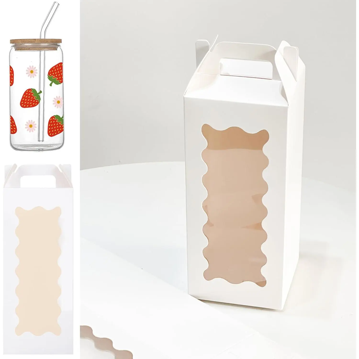 25 count Tumbler  boxes for glass cup with Handle for 16oz 18oz 20oz Sublimation Glass, Cup boxes for packaging 16oz,water bottle  boxes,Tumbler Packaging Boxes with window for gifts(White)