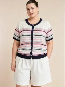 Plus Size Women's Single Button Short Sleeve Knit Top, Summer Textured Mini Cardigan, Versatile Slimming Casual Knitted T-Shirt