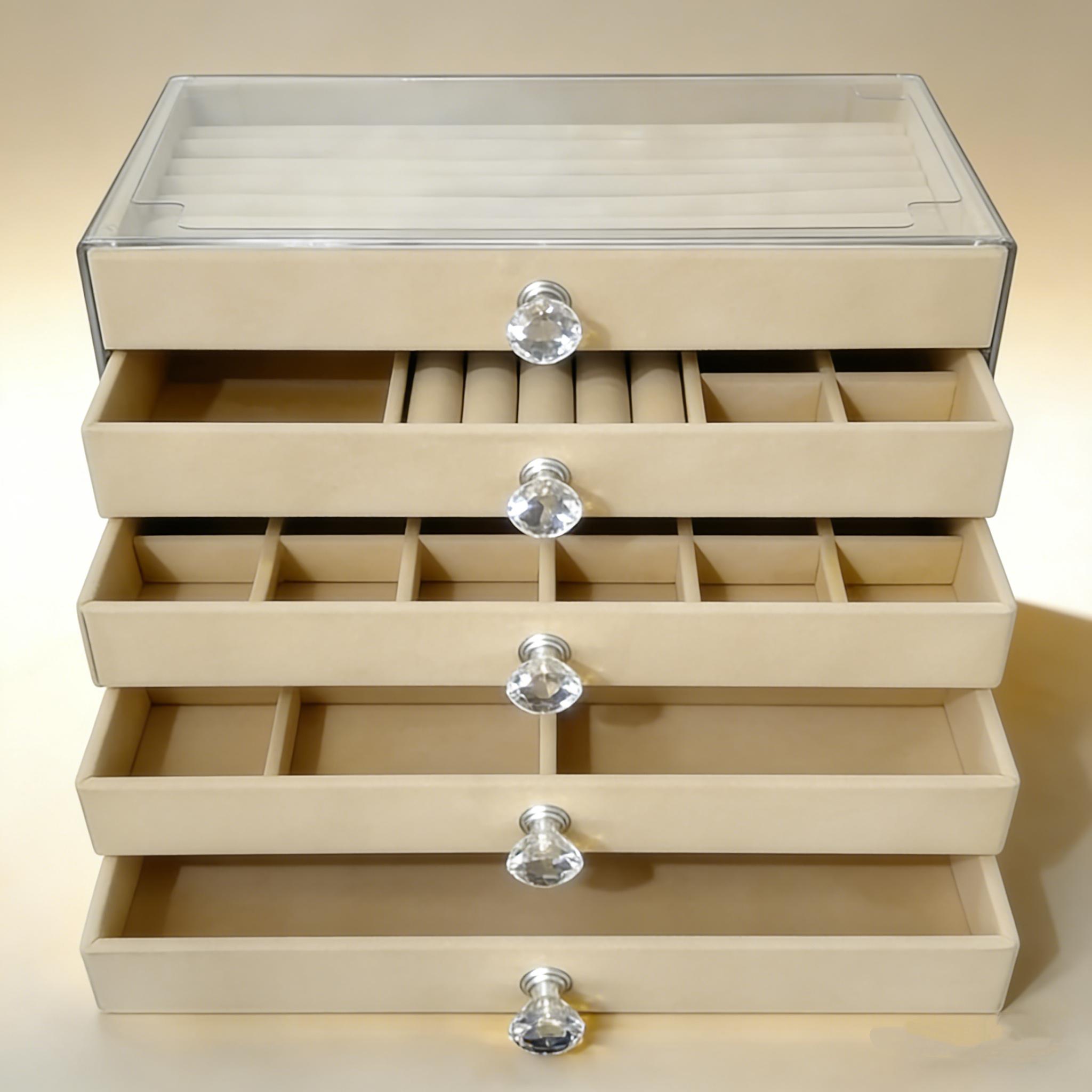 5 Drawer Acrylic Jewelry Organizer Box, Velvet Lined Jewelry Storage Case with Clear Top, Jewelry Armoire for Earrings, Rings, Necklaces, Bracelets, Vanity Jewelry Holder for Women Girls, Gift for Her