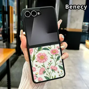 Pink Floral Dream Pattern Transparent TPU Phone Case for Z Flip 7/6/5/4, Folding Silicone Design with Central Axis Protection and Full Lens Coverage