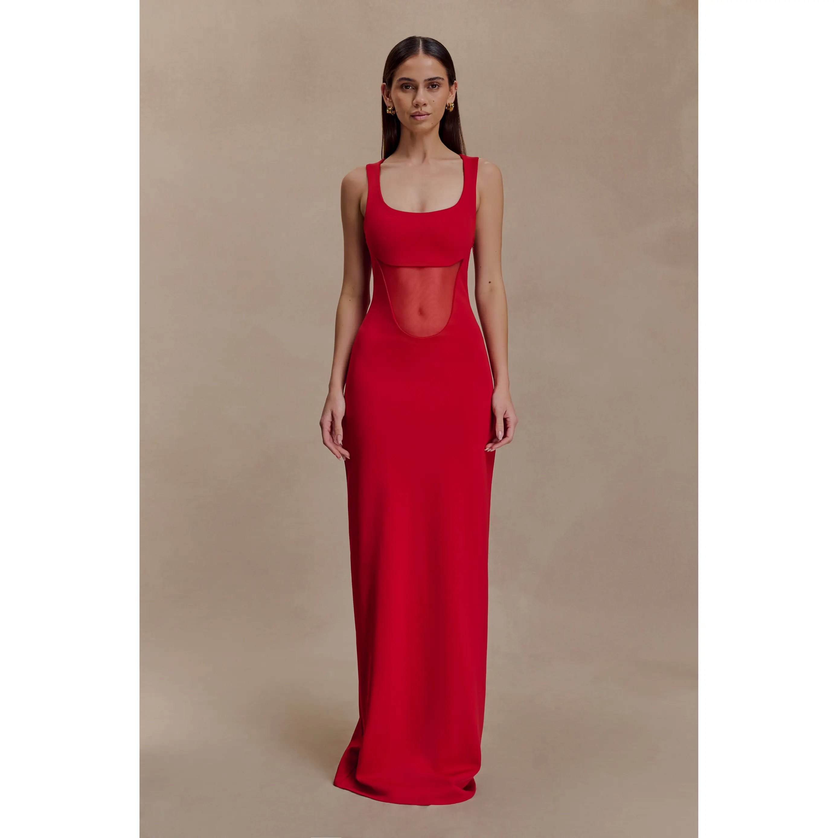 Marlon Crepe And Mesh Maxi Dress - Cherry Red