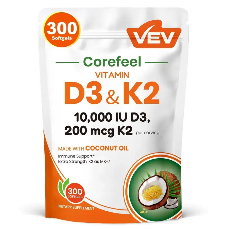 VEV Corefeel Vitamin D3 K2 10000 IU, 300 Virgin CoconutOil Softgels,2in 1 Vitamins Supplement D & K, DietarySupplemental Pack