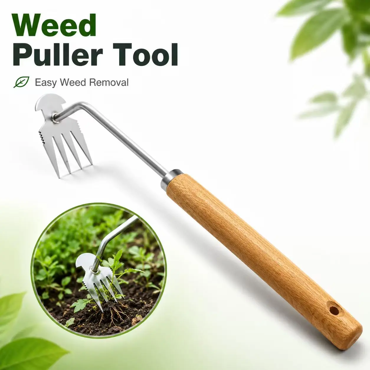 Garden Weed Puller Tool - Long Wood Handle, Stainless Steel Hand Weeder for Root Removal, Lawn, Flower Bed