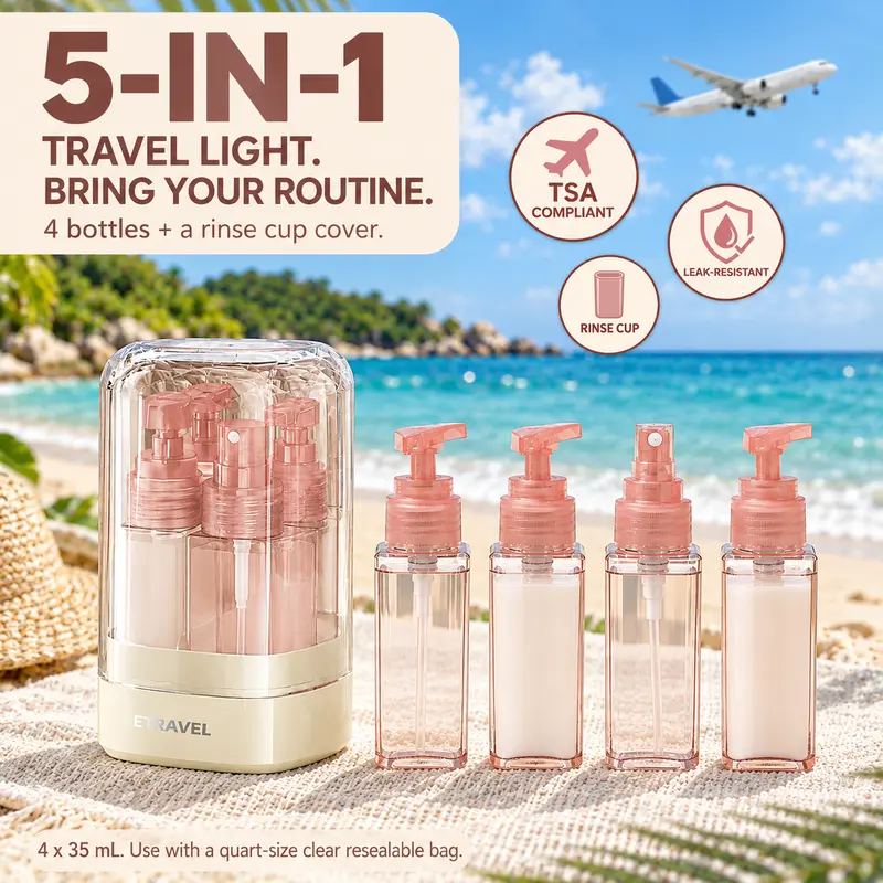 5-in-1 Travel Toiletry Organiser Set - Home Supplies, Leak-Proof Refillable Transparent Plastic Pump Bottles for Shampoo, Lotion, Compact Portable Carry-On Ready 4-in-1 Travel Kit