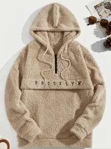 Men's Fashion Classic Solid Color Hooded Sweatshirt, Half-Zip Letter Embroidery Design, Casual Winter Long Sleeve Pullover, Fuzzy Hoodie
