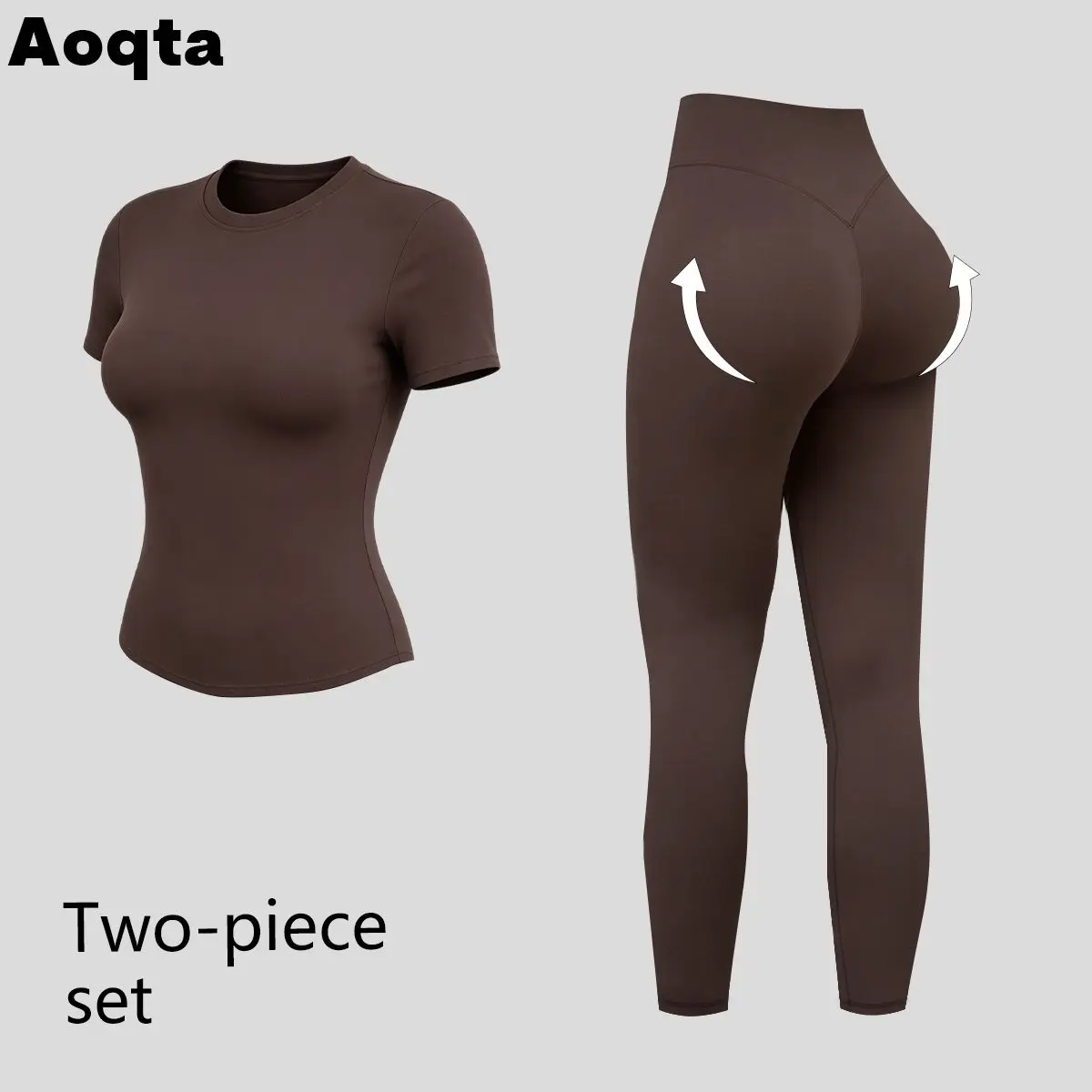 Aoqta Female 2-Piece Workout Set - Crew Neck Quick Dry Short Sleeve Top, High Waist Full Length Leggings for Yoga Pilates Gym Activewear