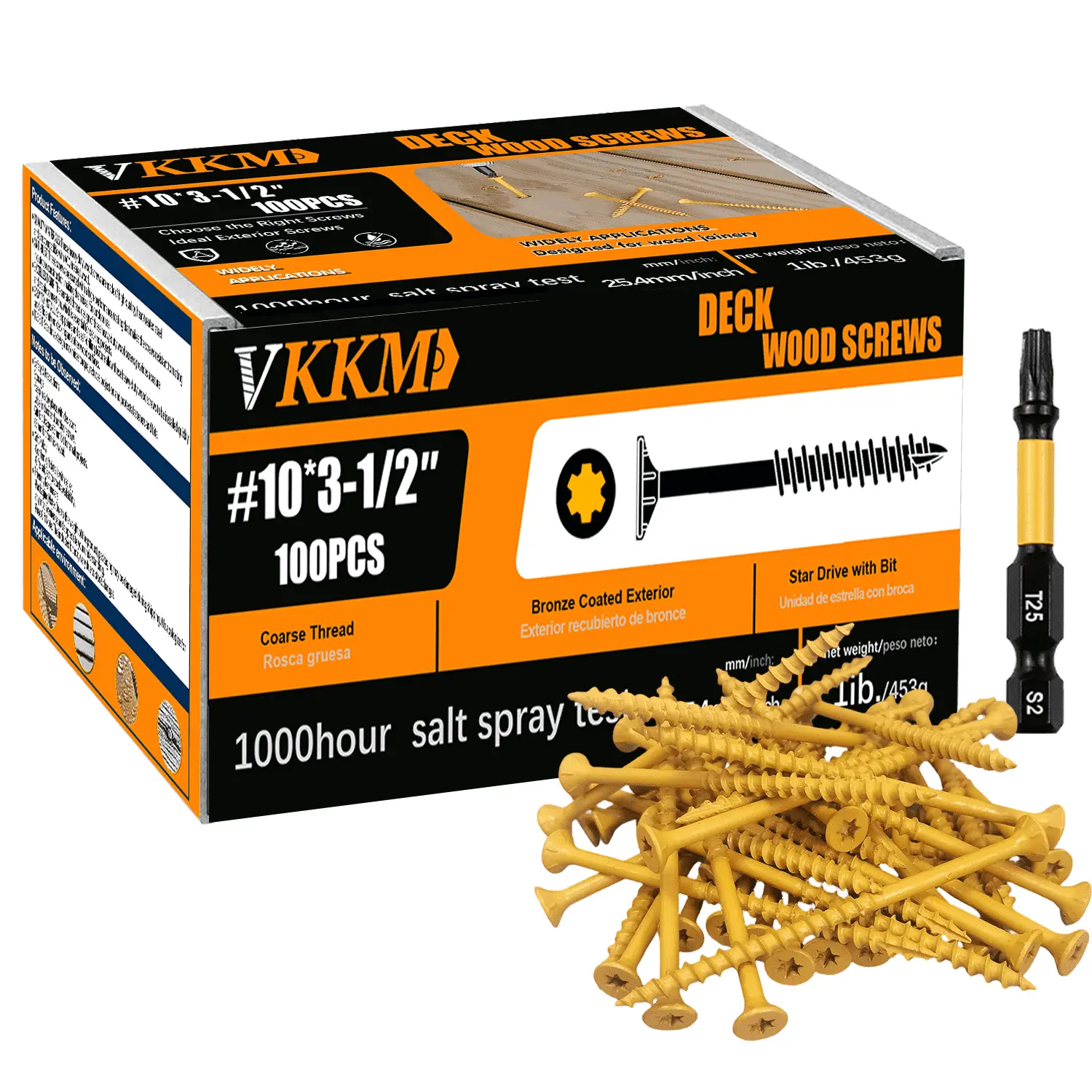 VKKM 100Pcs #10 x 3-1/2 Inch Bronze Torx Countersunk Wood Screws, Hardened Carbon Steel Anti-Oxidation Self Tapping Fasteners with Free T25 Bit for Indoor Cabinet, Furniture & Woodworking DIY Projects