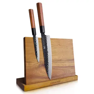 FINDKING Magnetic Knife Block, Teak Wood Kitchen Utensils Holder, Magnet Knife Stand for Kitchen Counter, Heavy, Strong Magnetism (10.8 x 8 Inches, Without Knives)