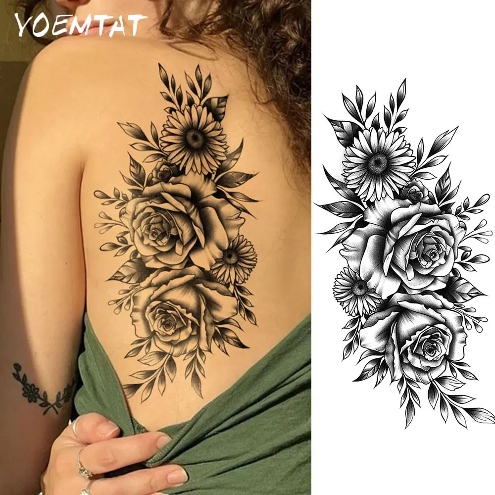 Black Floral Waterproof Temporary Tattoo Sticker Realistic Rose Daisy Sunflowers Flower Body Art Arm Fake Tattoos Sleeve Women Men Aldult For Chest Back Shoulder Party, Daily Decor