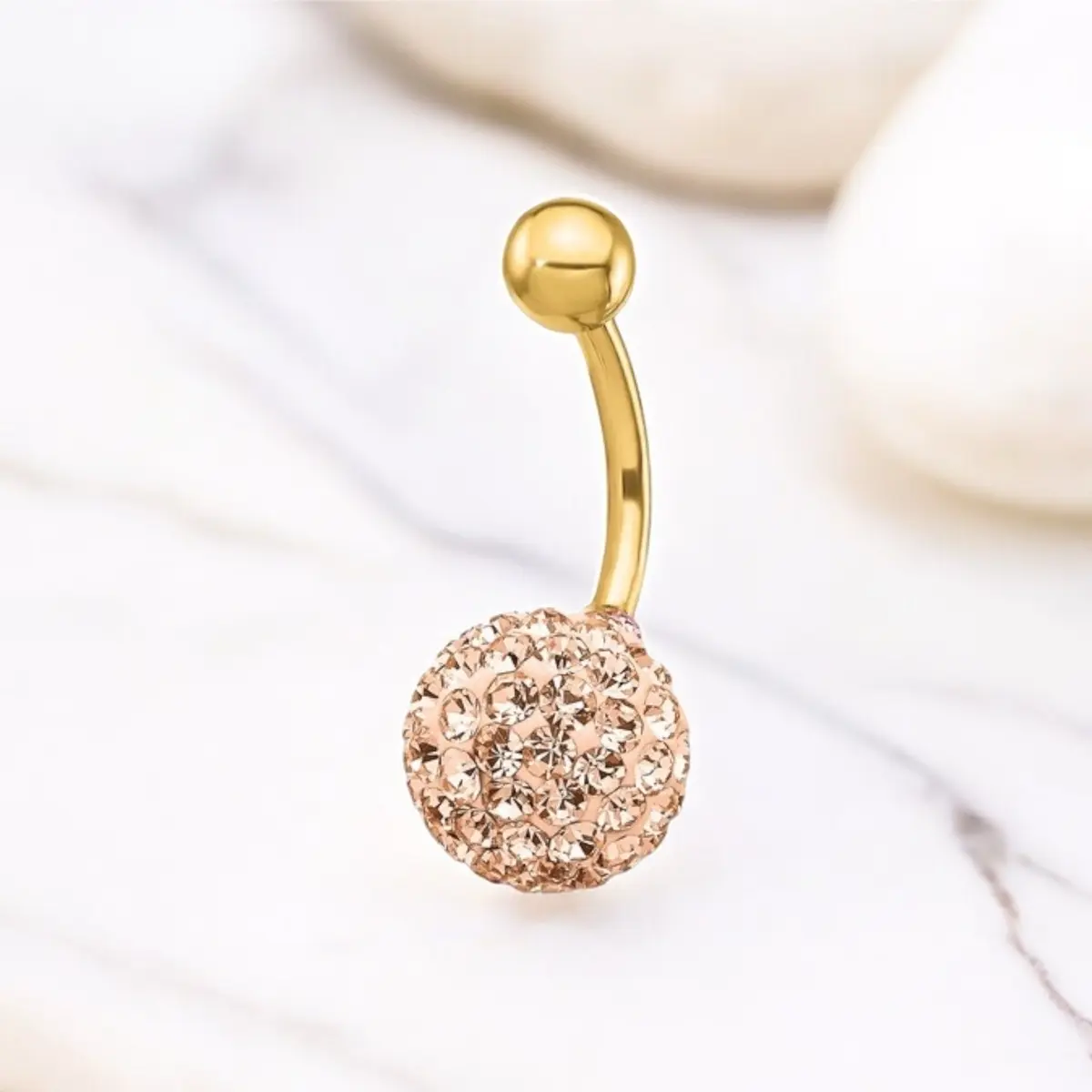 10k Solid Gold Belly Button Ring, Champagne Crystals Belly Button Ring Piercing Jewelry