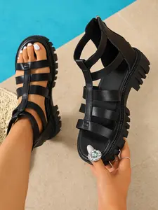 Classic Roman Cross Strap Design, High Anklet Style, Thick Sole for Height Boost, PU Leather, Rubber Sole, Casual Streetwear Sandals Summer Footwear