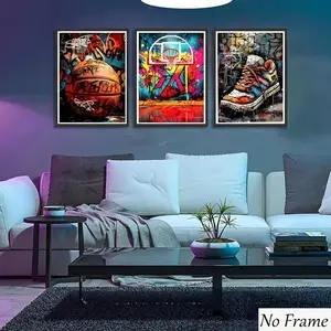 3pcs Basketball Graffiti Canvas Wall Art, Vintage Abstract Sneaker Posters, Frameless Living Room Bedroom Decor, No Box Included