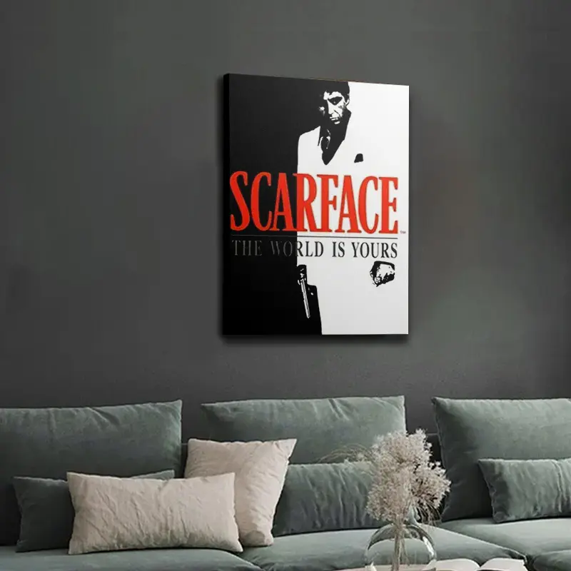 Scarface The World Is Yours Framed Canvas Poster, Black & White Classic Movie Wall Art with Pine Wood Frame, Bold Text Photo Print for Living Room Home Decor Gift