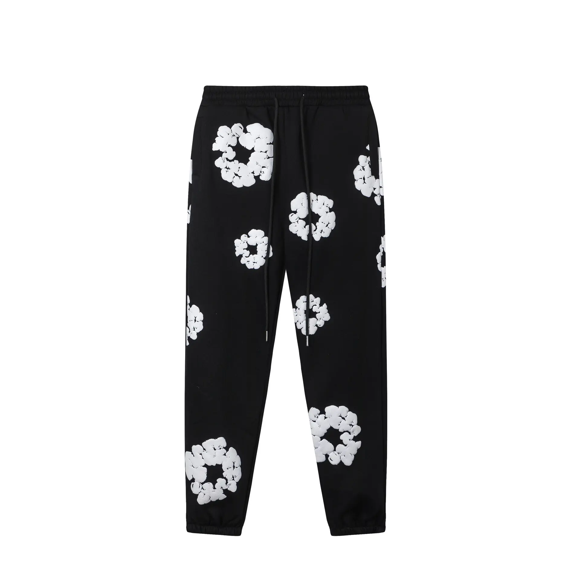 Men White Foam Floral Wreath Print Jogger Pants, Streetwear Cuffed Sweatpants