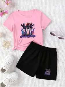 Kpop Hunter Girl Print Set, Casual Sports Short Sleeve + Shorts, Girls' Clothing, Teenage Girls, Youth Fashion, Perfect Gift Choice