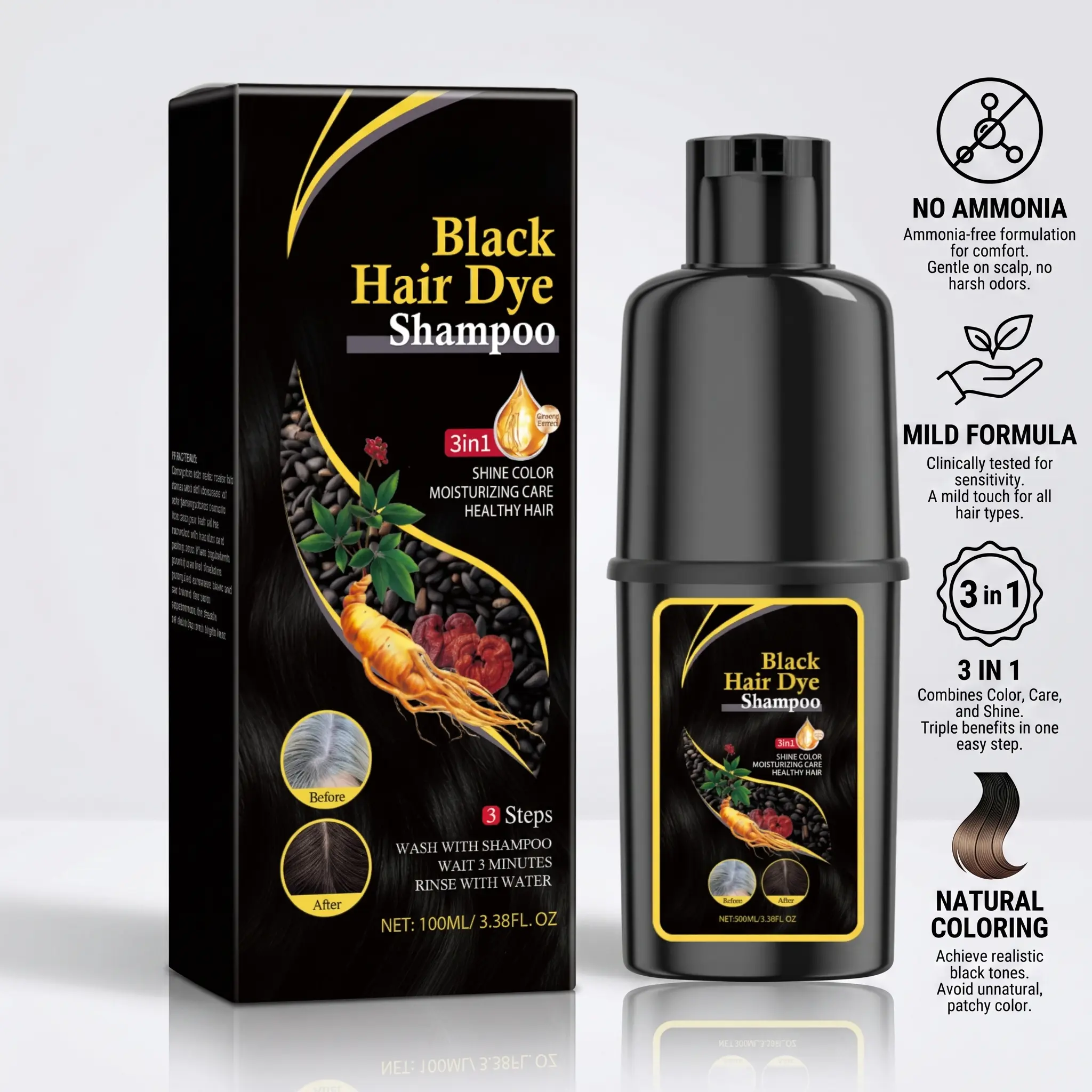 1 bottles of black hair dye shampoo，3-in-1Natural Herbal ingredients, Gentle, non-irritating,easy to change color Shampoo，quick coverage, and hair cleansing,  Cover Gray Hair, Hair Coloring，naturally curls, moisturizes hair,suitable for all hair type