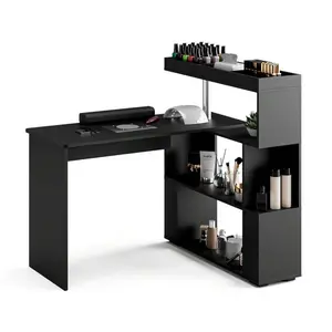 Advwin L-Shaped Manicure Table, Reversible Nail Tech Desk With Storage Shelves, Rotating Beauty Station For Salon & Home, Professional Nail Table