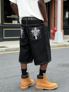American Streetwear Skull Embroidered Versatile Denim Five-Point Pants, Washed Contrast Stitch Loose Wide-Leg Casual Pants