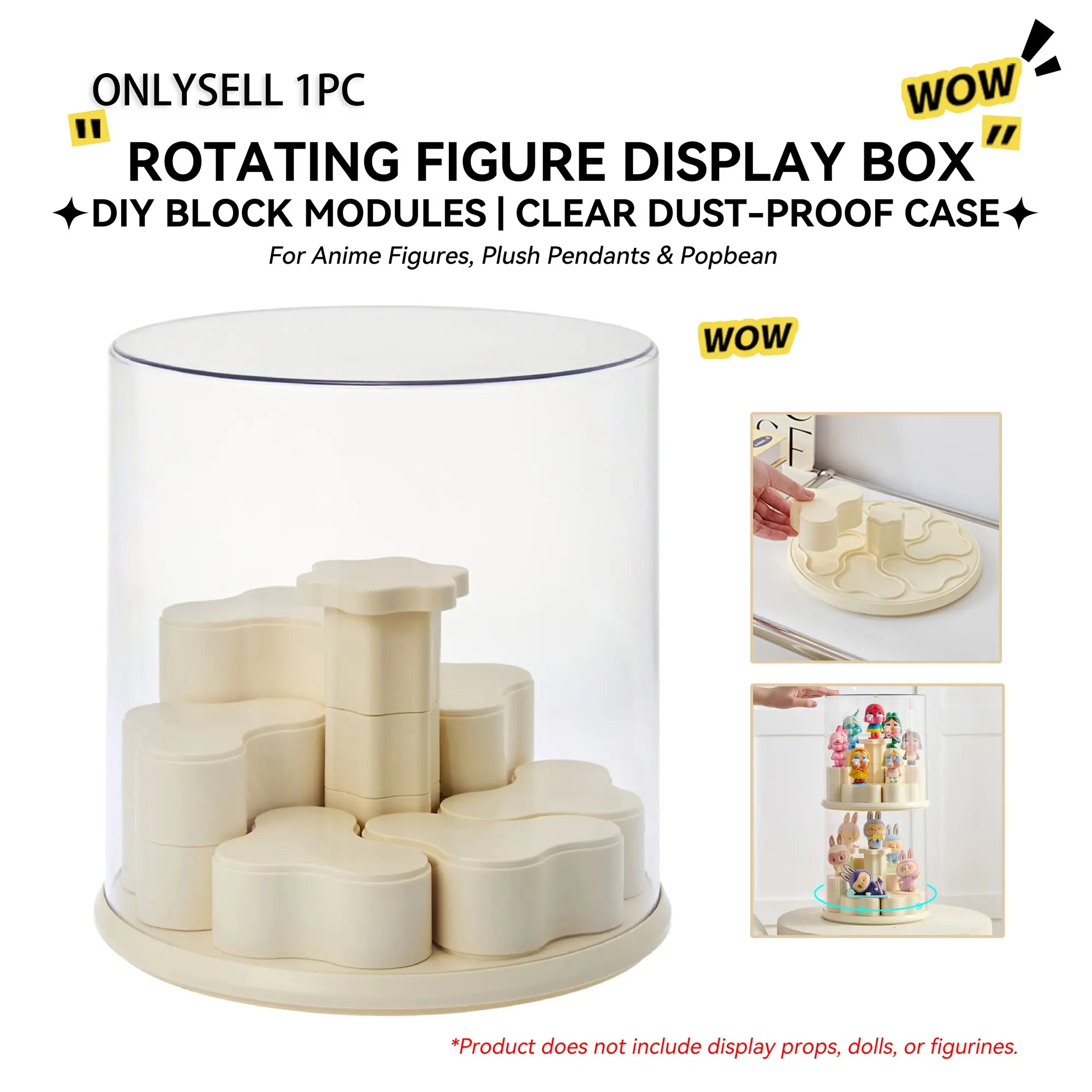 Figurine Display Storage Box with DIY Modular Rotating Display Blocks, Rotating Base, Transparent Clear Dust Cover, Stackable Cabinet for Anime Pop Mart Labubu Figures, Pop Bean, Watches & Jewelry, Bobbleheads, Pop Pendant