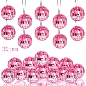 30pcs Hanging pink mirror ball, Valentine's Day mini disco ball decoration, reflective mirror ball cake decoration, rope Christmas tree, wedding dance music festival decoration, Valentine's Day, Halloween, Mother's Day, Christmas tree decoration ball