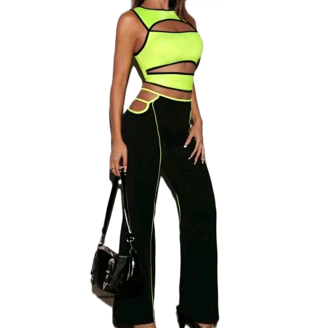Women's Color-Block Neon Hollow Out Sleeveless Top and Pants Set for Women - Womenswear,  Comfort, y2k