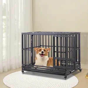 42inch Heavy Duty Indestructible Dog Crate, Escape Proof Dogs Cage Kennel with Lockable Wheels,High Anxiety Double Door Kennel,Extra Large Crate Indoor for Large Dog with Removable Tray