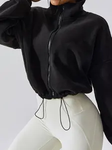 Women's Fall Winter Fashion Loose High Neck Zipper Drawstring Plush Short Jacket, Minimalist Style Fitted Outerwear Coat