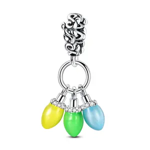 MULA S925 Silver-plated Glow-in-the-Dark Christmas Light Bulb Charm with Color Changing Enamel and CZ, Compatible with Pandora Bracelet, Great Holiday Gift for Women and Teens