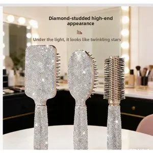 Luxury Crystal Hair Brush - Full Diamond Large Square Cushion Comb with Long Handle, Anti-Static White Diamond-Studded Tool for Styling and Dandruff Removal