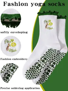Women's Anti-Slip Yoga Socks, Polyester Athletic Socks, Fashion Embroidered Design, Lace Trim, High Grip, Ideal for Yoga, Pilates, Dance, Ballet