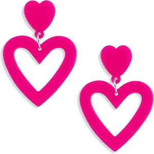 Pink Earrings Hot Pink Earrings Love Earrings Heart Earrings Drop Dangle Earrings For Women Lovely Girls 2.8×1.8(2 Pcs)