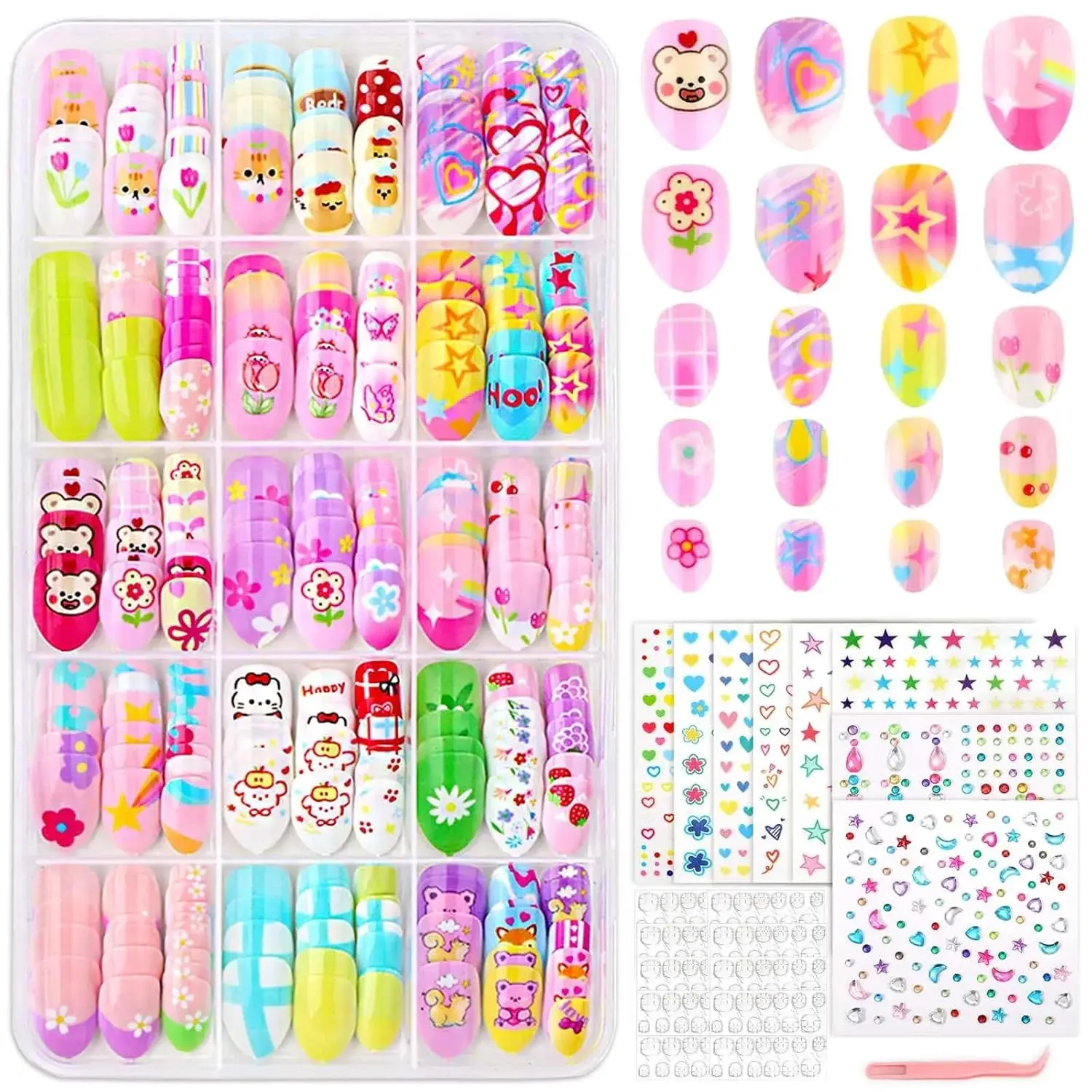 Press On Nails For Girls, 360 Pcs Almond Fake Nails for Girls, Heart Flower Nail Stickers, 3D Rhinestone Stickers Face Gems
