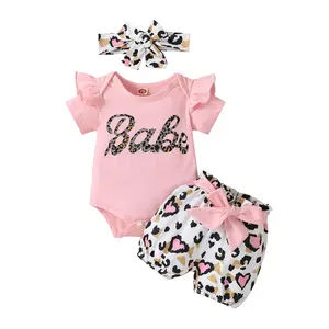 Baby Girls Pink Romper with Heart Pattern & Shorts Set with Bow-knot & Matching Headband Flying Sleeve Design Stretchable Shorts Cute Spring Outfit