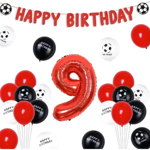 1Set Football Theme 9 Anniversary Birthday Decorations Red, Football Happy Birthday Banner, 9 Foil Number Balloon, Football Double-Sided Print Balloons, Football Fans Birthday Decorations