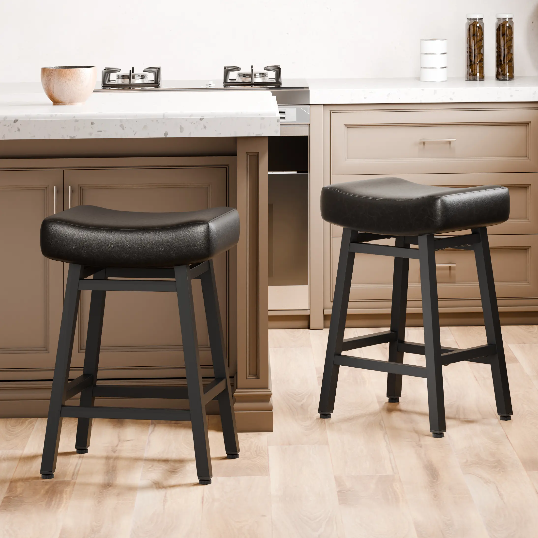 24 Inch Backless Counter Height Bar Stools (Set of 2/3), Comfy 4" Thick Leather Saddle Kitchen Island Chairs with Heavy Duty 400 lbs Metal Base