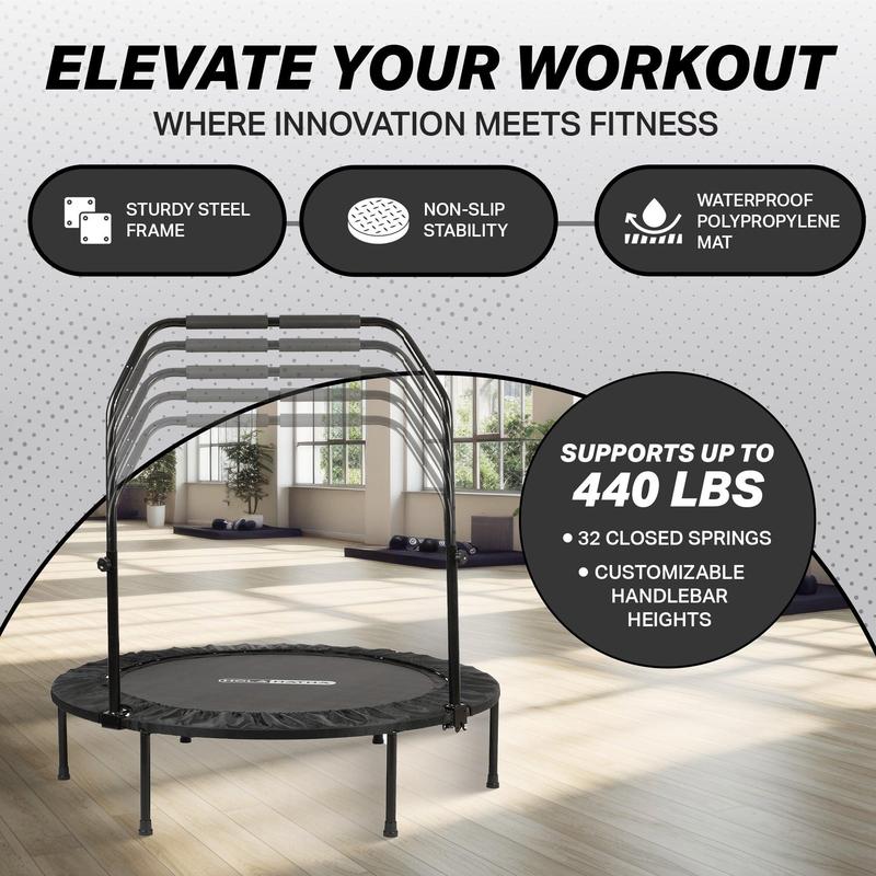 HolaHatha 40" Mini Trampoline Fitness Rebounder with Adjustable Handle, Black