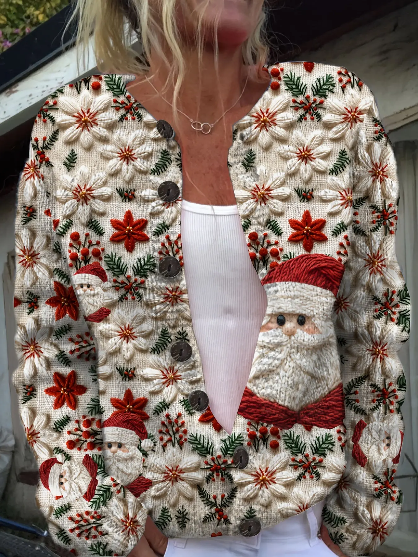 Elegant Santa  Floral Christmas Cardigan Sweater
