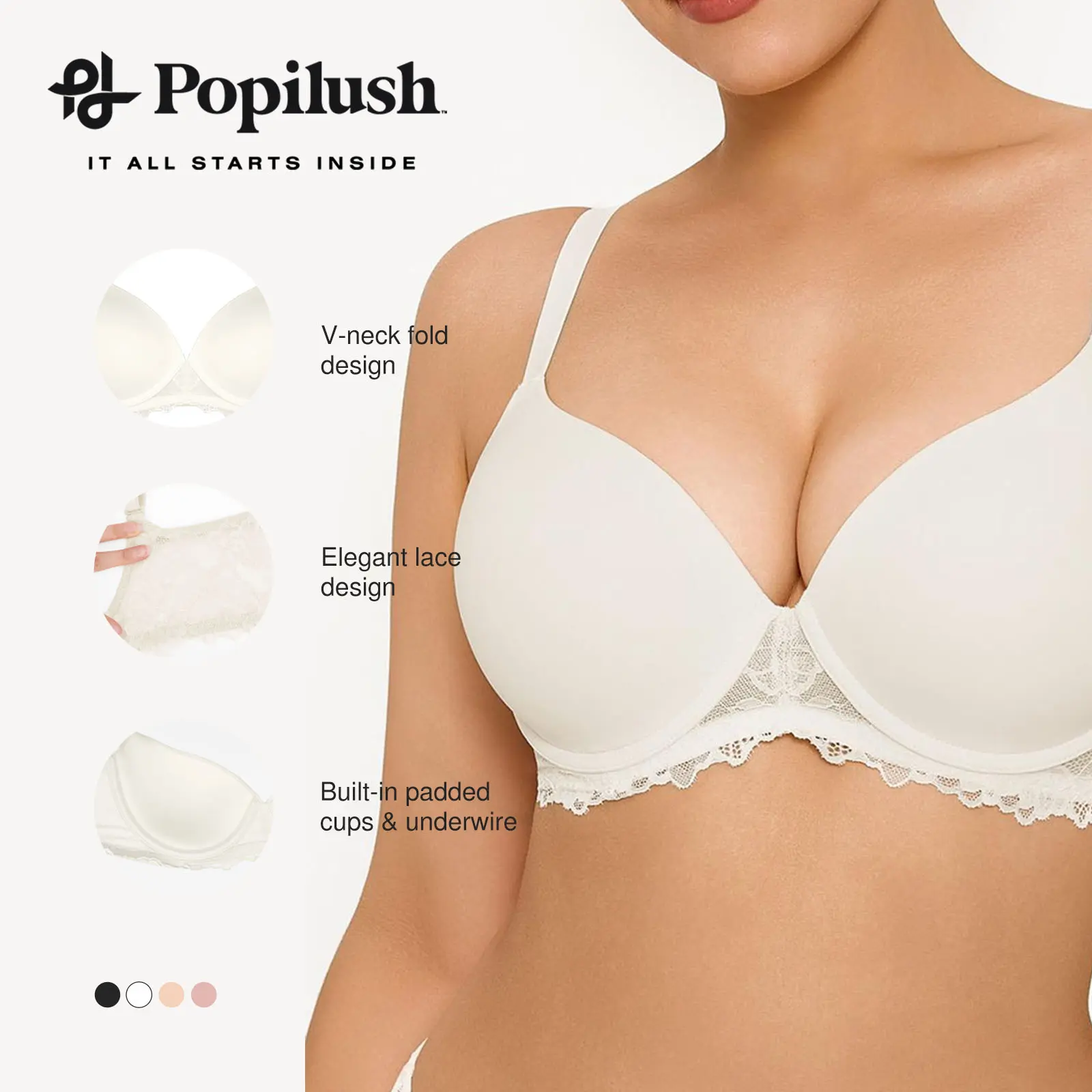 Popilush Underwire Bra - Lace Trim Full Coverage Support Bra for Women Adjustable straps Everyday Fit Elegant