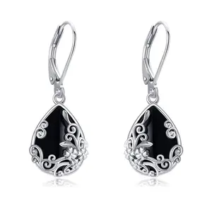 925 Sterling Silver Black Agate Flower Earrings for Women Gift for Her