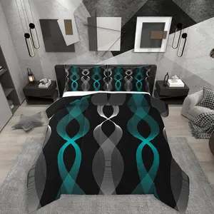 Feelyou Teal and Black Digital Print Bedding Set - Breathable Microfiber Boho Abstract Striped Comforter, Modern Gradient Geometric Lines Design, Multi-Size Quilt with Contemporary Aesthetic