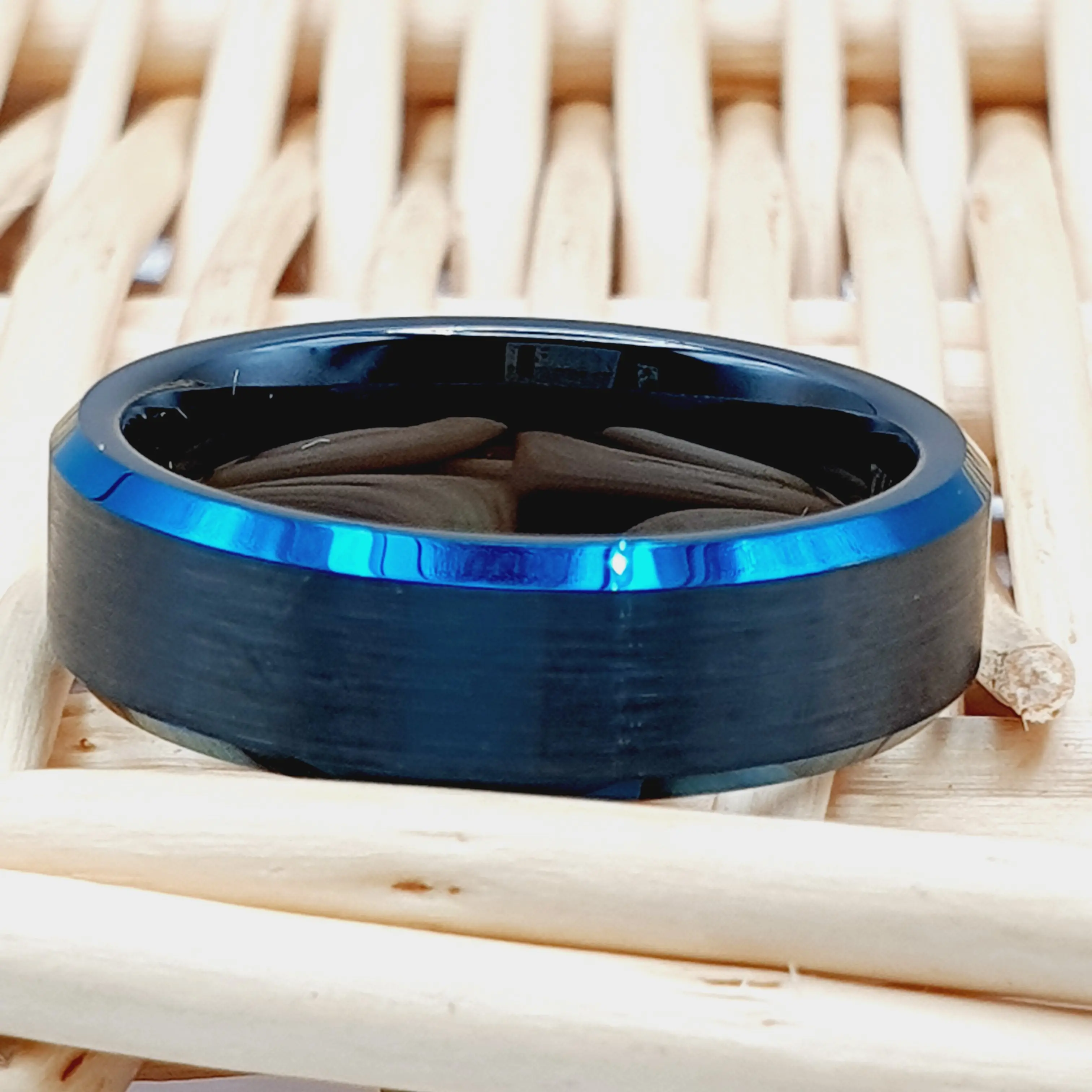 Men's Tungsten & Carbon Ring with Engraving - Black and Blue Groom Band for Aquarius Promise and Engagement Ring