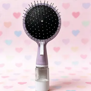 Cute Small Round Spray Hair Comb, Portable Conditioning Detangler Detangling Moisturizing Comb, Anti-Static Hair Brush with Fillable Water Tank, Travel & All Hair Types